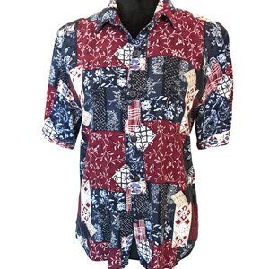Jessica Stevens Paisley Floral Blouse Vintage 80s Rayon Tunic Magenta Blue Sz M